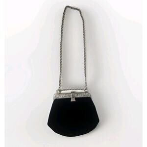 Vintage 1960s Velvet Chain Art Deco Black Evening Bag Purse Old Money Glam Posh